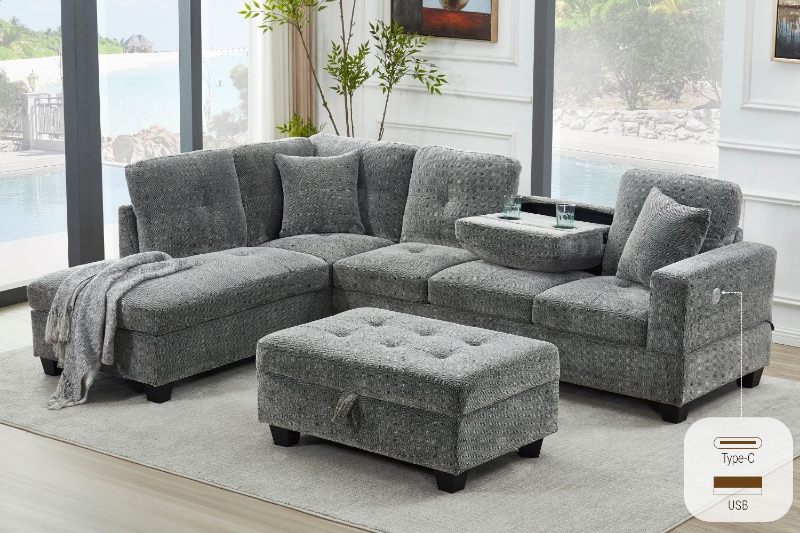 Picture of NEBULA Pro Sectional Sofa with Storage Ottoman & Drop-Down Console & USB & Type-C Port (Misty Grey)