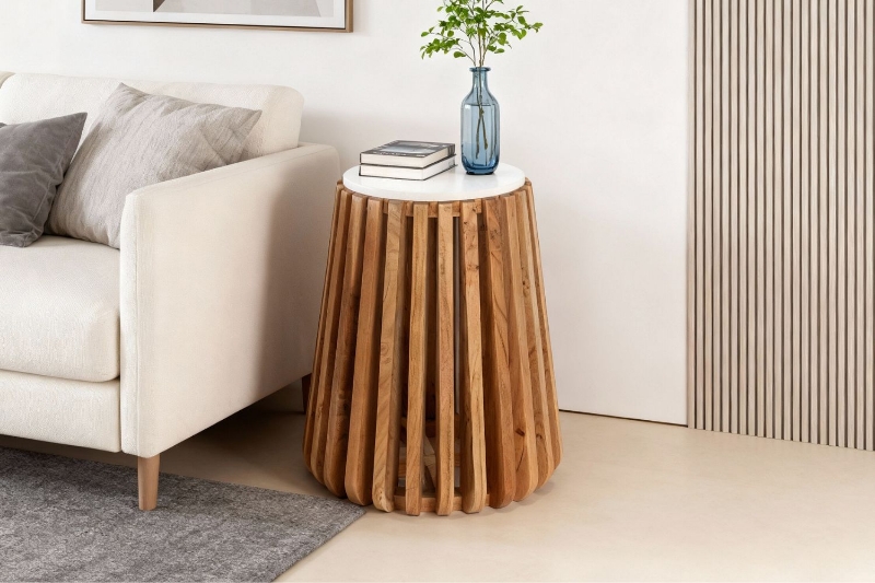 Picture of ALLEY Solid Acacia Wood Round Side Table with Marble Top