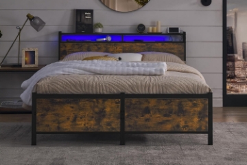 Picture of HOMCOM Platform Bed Frame in Double/Queen Size with Storage Headboard, Charging Station and LED Light