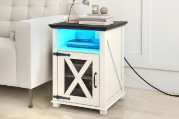 Picture of TOVIA 1-Door Nightstand/Side Table with LED Light & AC Outlets & USB & Type-C Charging Ports (Off White)