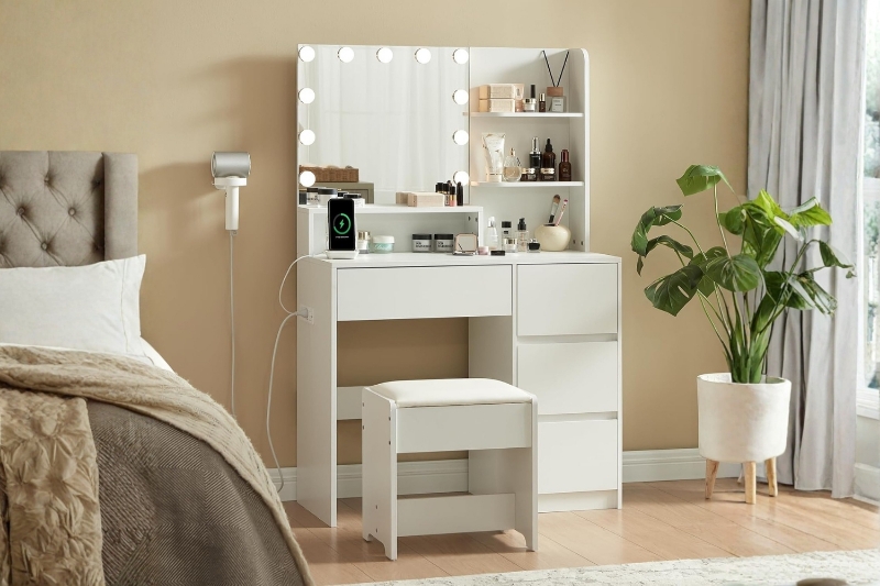 Picture of JOANNA Dressing Table with LED Bulb Mirror/Power Station and Stool (White)