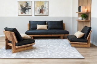 Picture of TIMBERA 100% Genuine Leather Reclaimed Pine Wood Sofa Range - 2 Armless Chairs + 1 Sofa Set