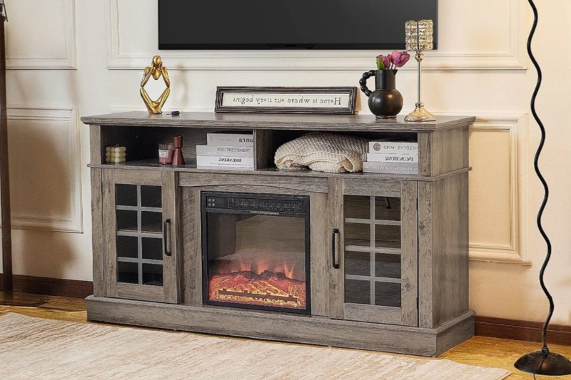 Picture of GRACIE 58.5" TV Stand with Electric Fireplace  & Charging Station (Grey)