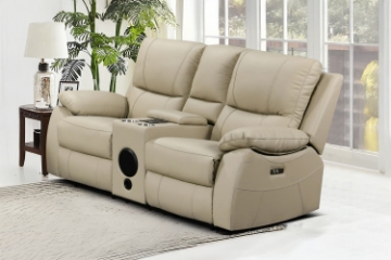 Picture of KEATON Leather Power Reclining 2RRC Loveseat Sofa with Console & Bluetooth Speaker (Latte)