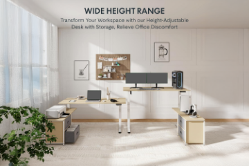 Picture of NEXUS 63" Electric Height-Adjustable Standing Desk With Side Cabinet Shelf & LED Display & USB Charging Port (Light Oak)