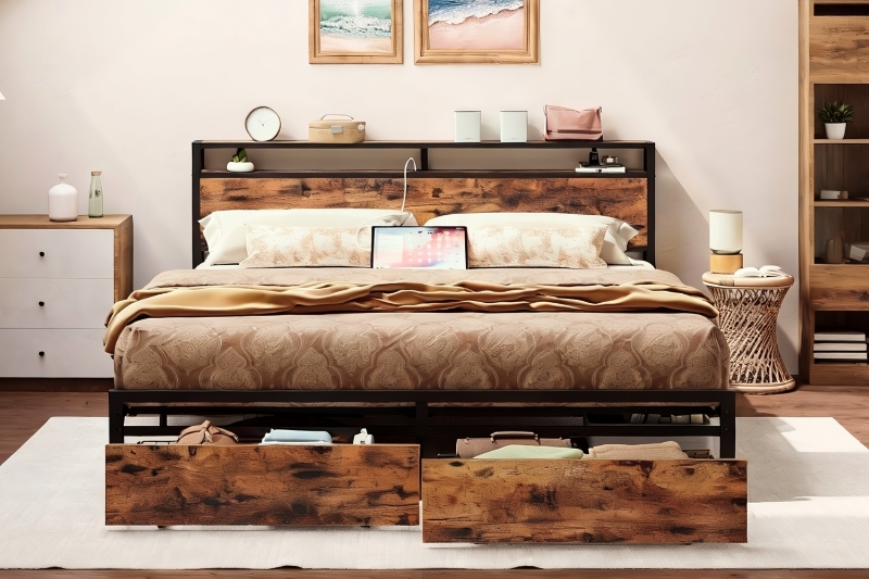 Picture of CASPIAN Platform Bed Frame in Double/Queen/Eastern King Size with Storage Headboard, Drawers and Charging Station 
