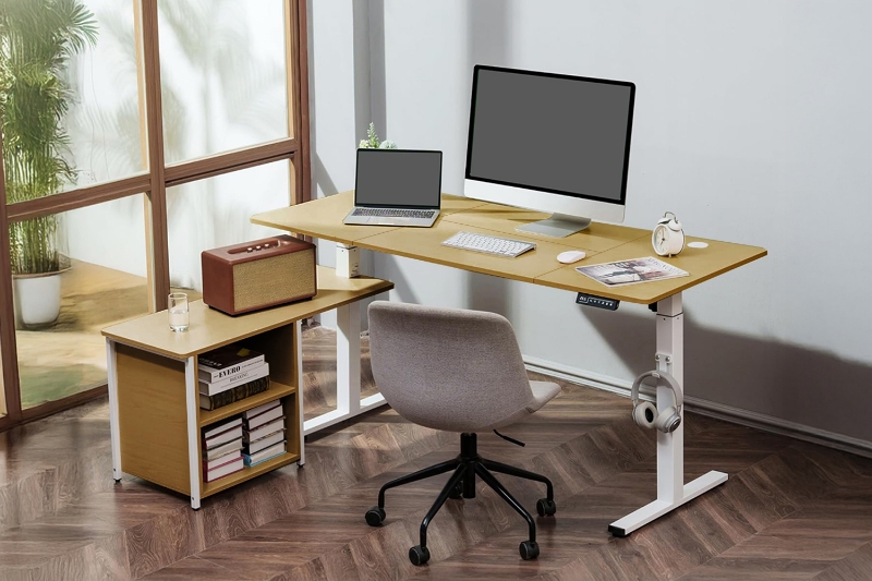 Picture of NEXUS 63" Electric Height-Adjustable Standing Desk With Side Cabinet Shelf & LED Display & USB Charging Port (Oak)