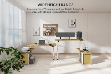 Picture of NEXUS 63" Electric Height-Adjustable Standing Desk With Side Cabinet Shelf & LED Display & USB Charging Port (Oak)