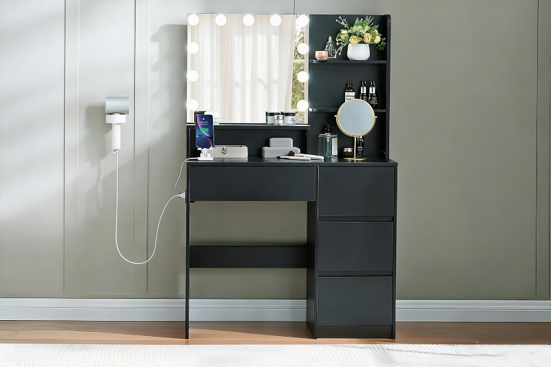 Picture of JOANNA Dressing Table with LED Bulb Mirror/Power Station without Stool (Black)