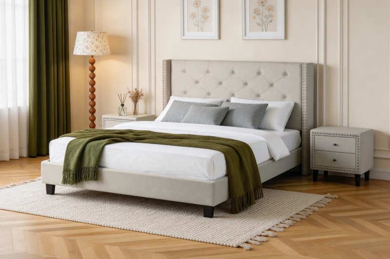 Picture of ELY Linen Upholstered Bed Frame in Queen Size (Beige/Light Color)