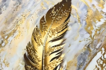 Picture of 357-007 Decorative Wall Art with Golden Frame (19.5"×27.5") - Golden White Feathers 