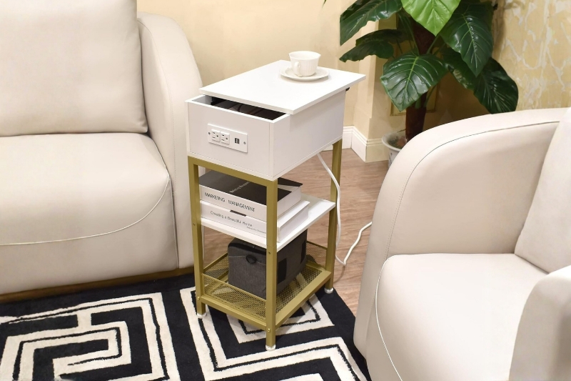 Picture of FOEGE 1-Drawer Side Table with 2-Tier Shelf & Power Outlet and USB Charger