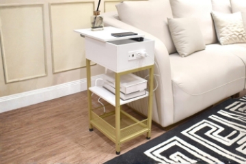 Picture of FOEGE 1-Drawer Side Table with 2-Tier Shelf & Power Outlet and USB Charger