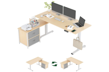 Picture of NEXUS 63" Electric Height-Adjustable Standing Desk With Side Cabinet Shelf & LED Display & USB Charging Port (Light Oak)