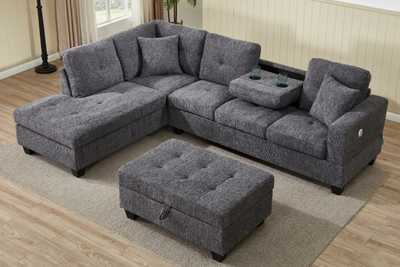 Picture of NEBULA Pro Chenille Fabric Sectional Sofa with Storage Ottoman & Drop-Down Console & USB & Type-C Port (Dark Grey)