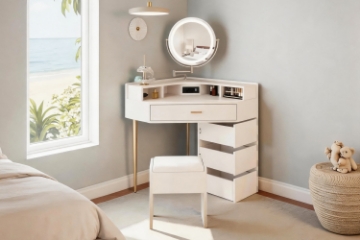 Picture of MAREN 4-Drawer Corner Dressing Table with LED Mirror & Power Station & Stool (White)