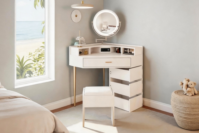 Picture of MAREN 4-Drawer Corner Dressing Table with LED Mirror & Power Station & Stool (White)