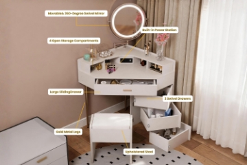 Picture of MAREN 4-Drawer Corner Dressing Table with LED Mirror & Power Station & Stool (Whitewash)