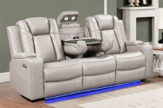 Picture of MONROSE Air Leather Dual Motor Reclining Sofa Range (Light Grey) - Sofa with Drop-Down Console USB Port, Power Socket & Wireless Charging(3RRC)