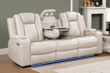 Picture of MONROSE Air Leather Dual Motor Reclining Sofa Range (Light Grey) - Sofa with Drop-Down Console USB Port, Power Socket & Wireless Charging(3RRC)