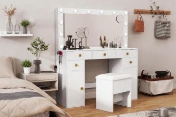 Picture of EVERLY Dressing Table with LED Bulb Mirror & Power Station & Stool (White) 