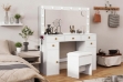 Picture of EVERLY Dressing Table with LED Bulb Mirror & Power Station & Storage Stool (White) 