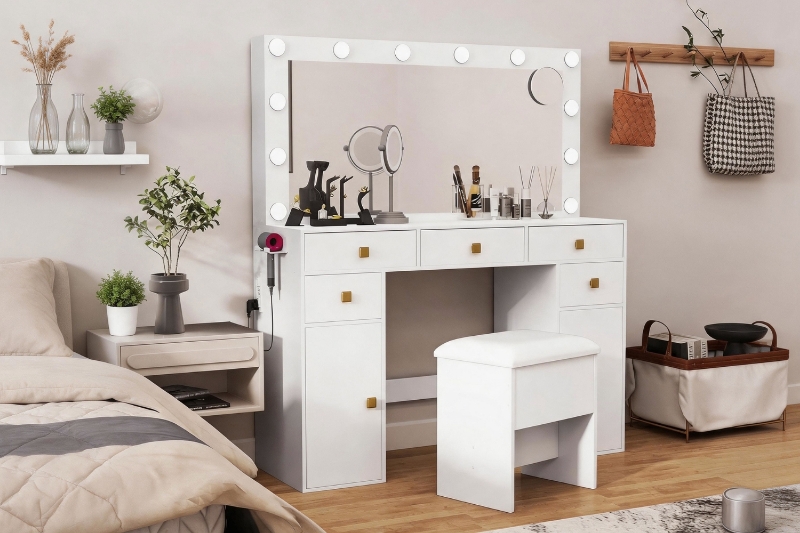 Picture of EVERLY Dressing Table with LED Bulb Mirror & Power Station & Storage Stool (White) 