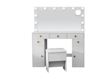 Picture of EVERLY Dressing Table with LED Bulb Mirror & Power Station & Stool (White) 