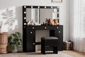 Picture of EVERLY Dressing Table with LED Bulb Mirror & Power Station &  Storage Stool (Black)