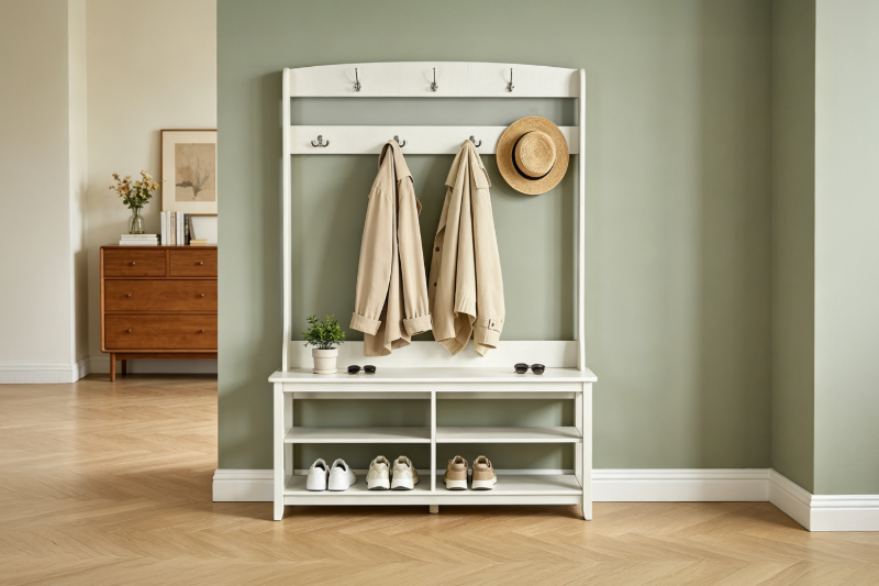 Picture of ELLIS Hall Tree with Shoe Bench, Coat Rack & Shelves (Antique White) - 49"x15.5"x69"