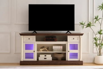 Picture of VANTO TV Stand with Charging Station and LED Lights (White & Walnut)
