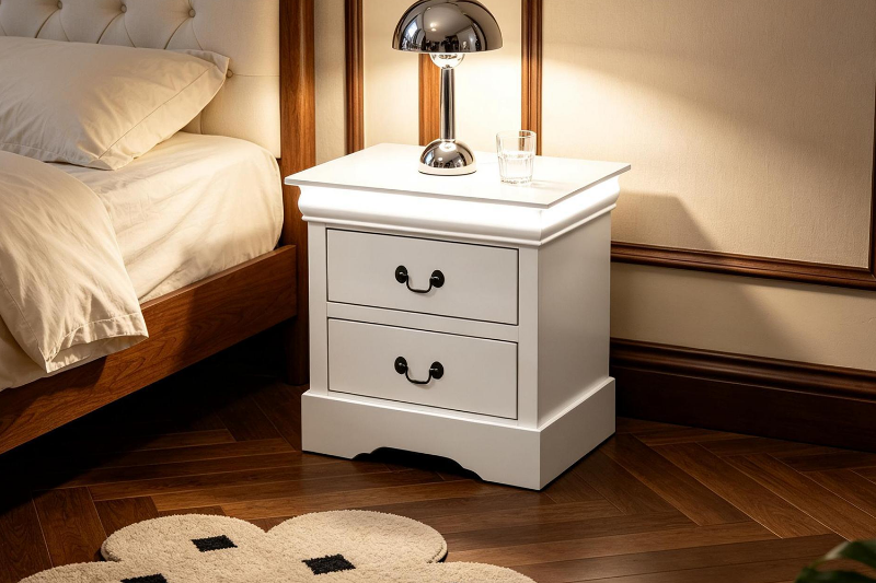 Picture of LOUIS 2-Drawer Hevea Wood Nightstand with LED Lighting (White)