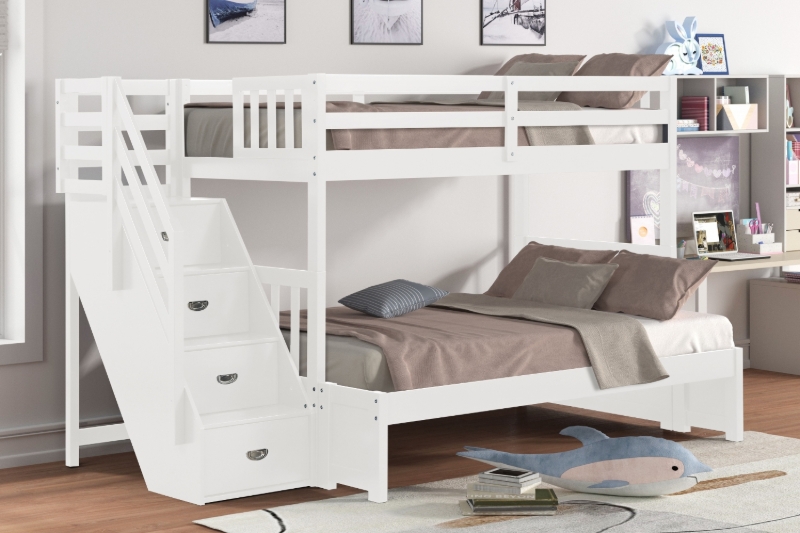Picture of WILLY Twin-Double Bunk Bed with Storage Staircase (White)