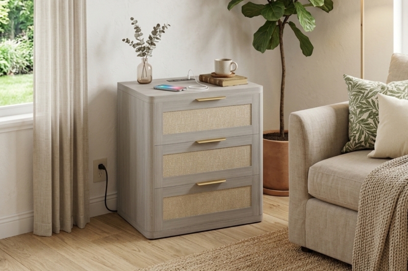 Picture of BRINLY 3-Drawer Nightstand with Charging Station (Grey)