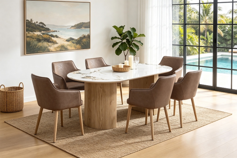 Picture of NORDEN 78.5" 7PC Sintered Stone Top Dining Set with Smoky Brown Chair