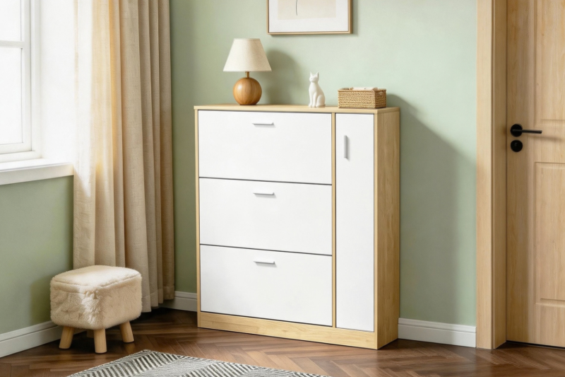 Picture of YORU 39.5" 1-Door 3-Drawer Shoe Cabinet  (Oak & White)